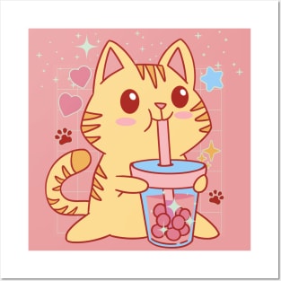 Kawaii Cat Strawberry Boba Tea Posters and Art